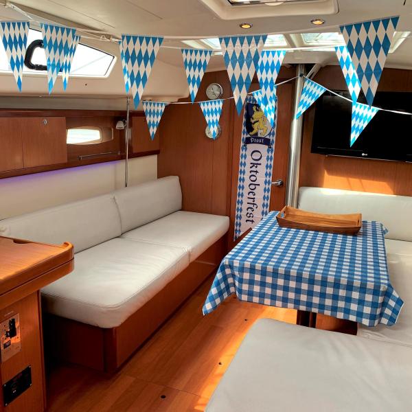 interior cabin lounge of a NY boat rental decorated for a private party