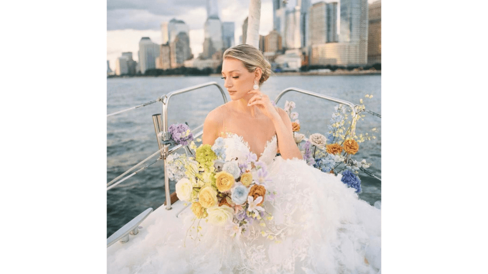 woman in a wedding dress on a romantic boat rental