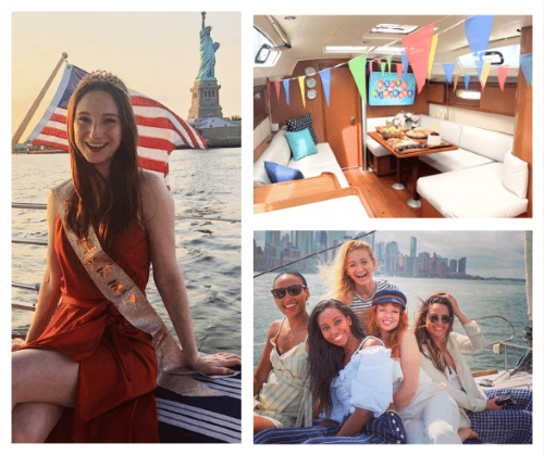 private party boat in NYC for a birthday with a woman by the statue of liberty and a group of friends and a decorated yacht with birthday signs and streamers