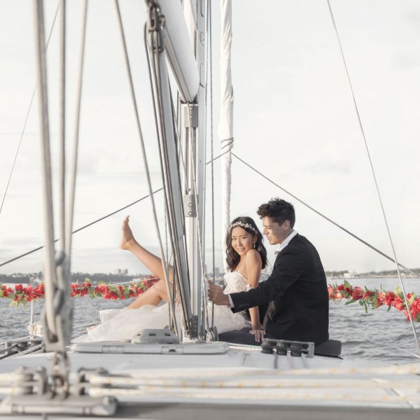 bride and groom during a romantic sailing experience in NYC