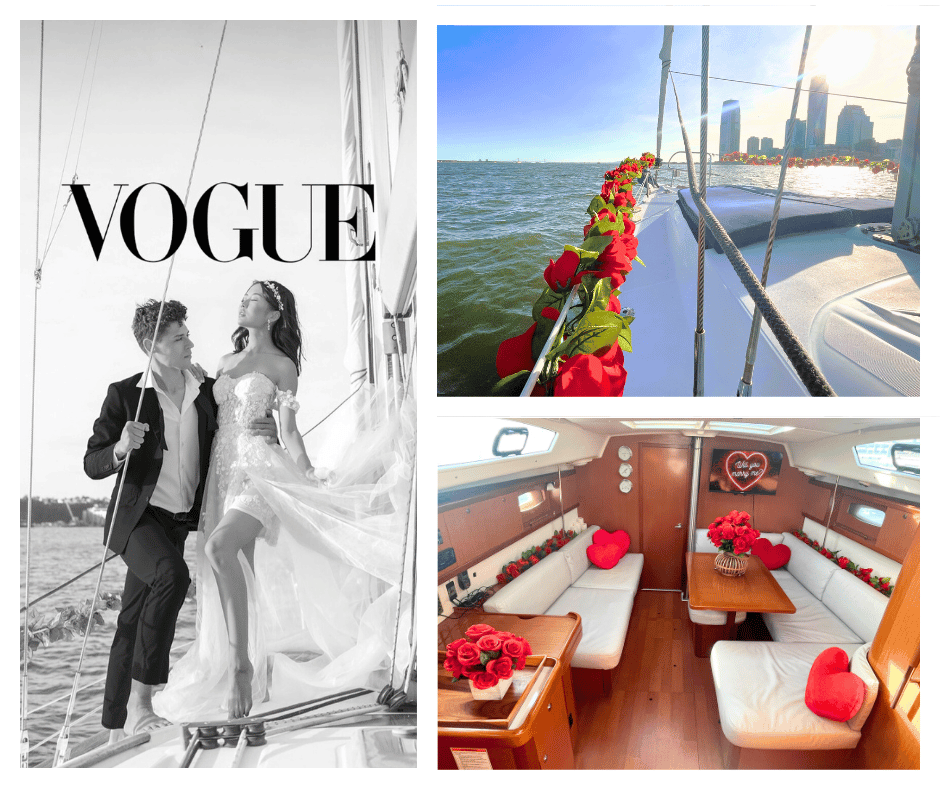 couple in wedding dress during boat rides NYC romantic with rose decorations