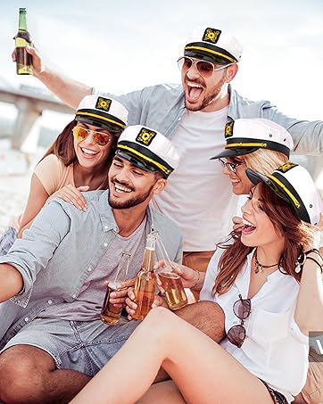 a group of friends wearing captain hats rent a yacht in NYC for a birthday party