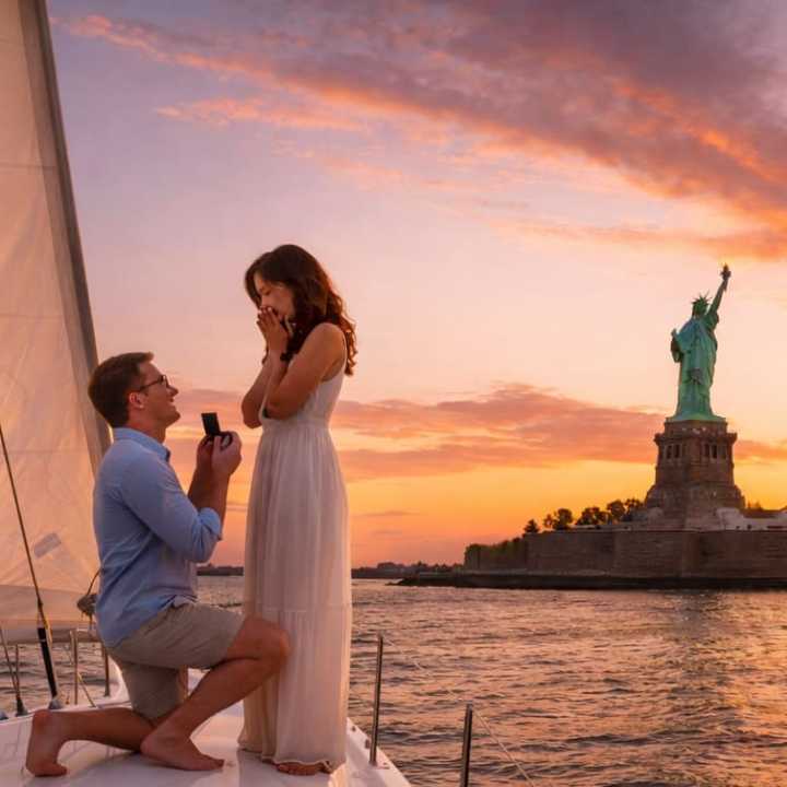 Man proposing to woman on knee at bow of private sailboat during sunset with Statue of Liberty in background, NYC boat proposal