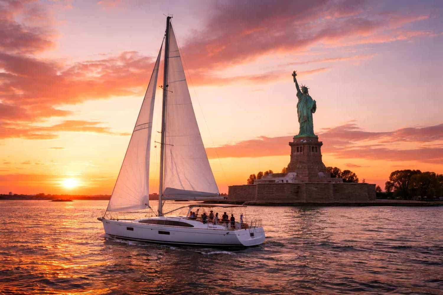private sailboat near Statue of Liberty at sunset, vibrant sky and glowing water.