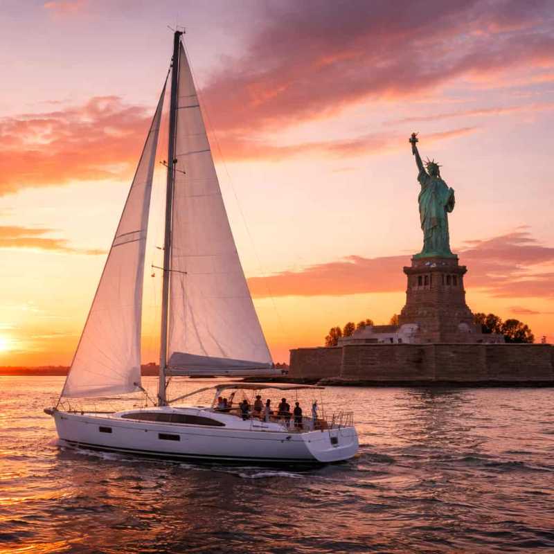 private sailboat near Statue of Liberty at sunset, vibrant sky and glowing water.