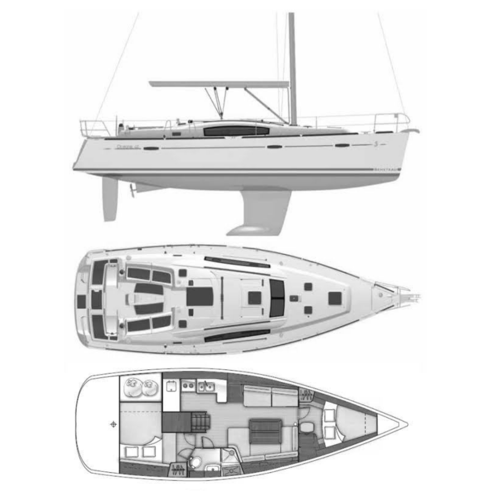 Diagram showing sailboat NYC side, top, and interior views with cabins and layout details.