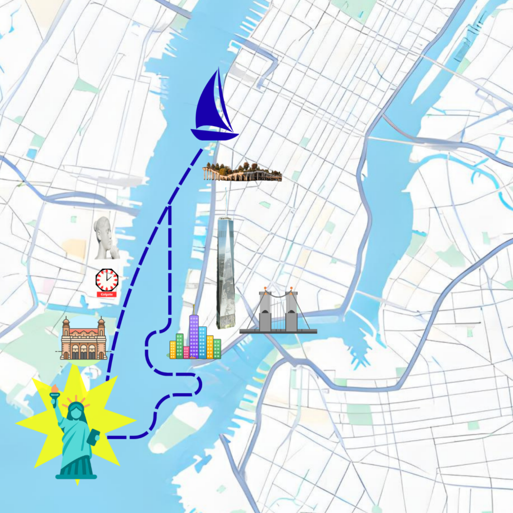 Stylized New York map with landmarks and a sailing route drawn.