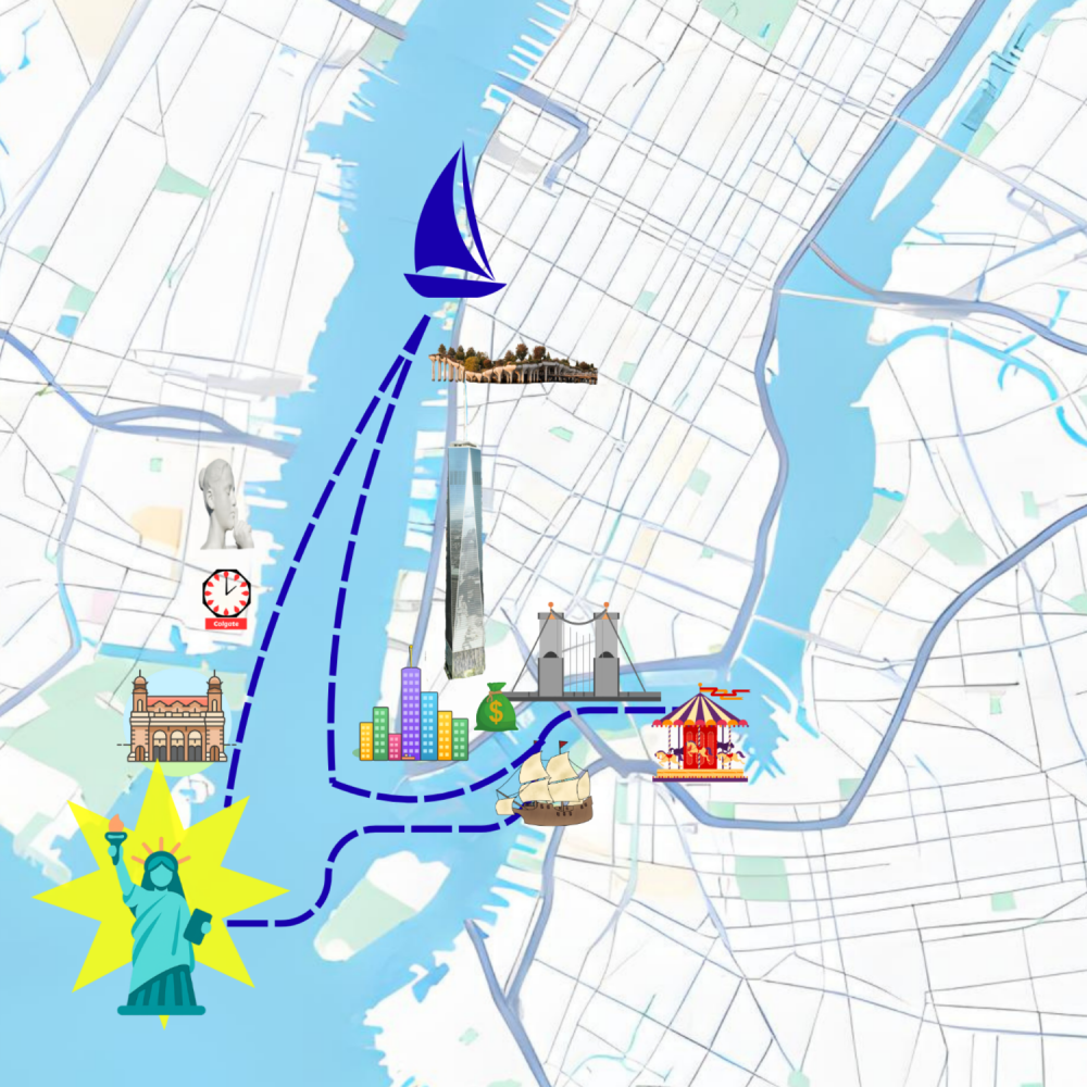 Map illustration with sailboat, landmarks, dollar symbol, and dashed blue route lines.