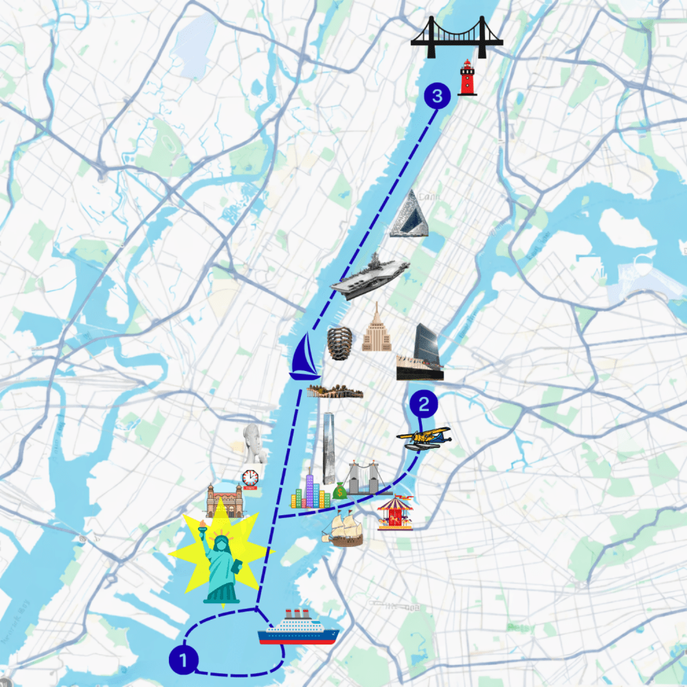 Illustrated map with landmarks and a path through a city and waterway.