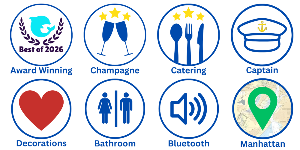 Icons for award-winning service, champagne, catering, captain, decorations, bathroom, Bluetooth, Manhattan location.