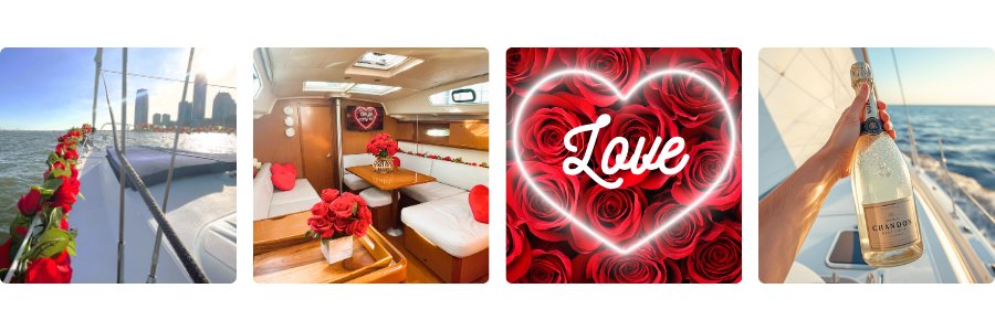 Collage: roses on boat, cabin with roses, heart with roses, hand holding champagne on sailboat.