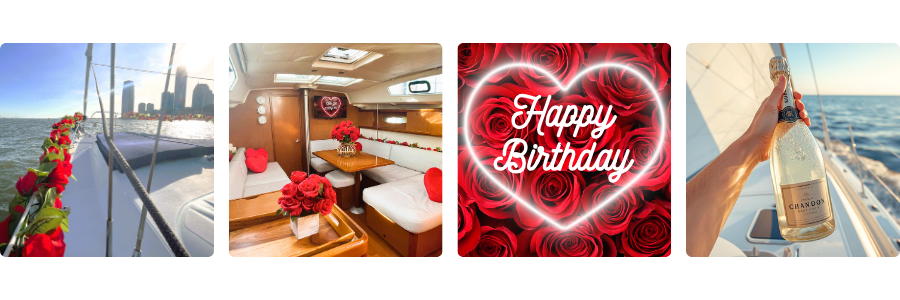 Collage: sailboat with roses, cabin with heart decor, 'Happy Birthday' text, hand holding champagne on yacht.