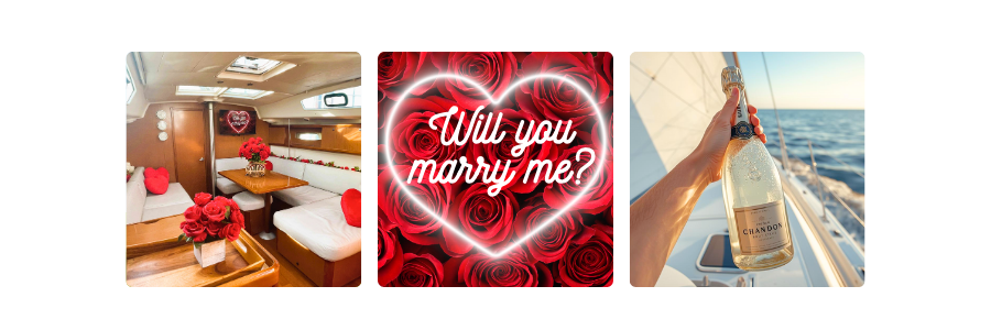 Romantic yacht setup with roses and 'Will you marry me?' text and champagne bottle on a sailing boat.