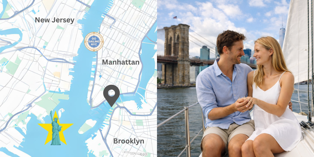 Split image of NYC map and a couple sailing to the Brooklyn Bridge proposal spot from sailboat on East River with Manhattan skyline backdrop.