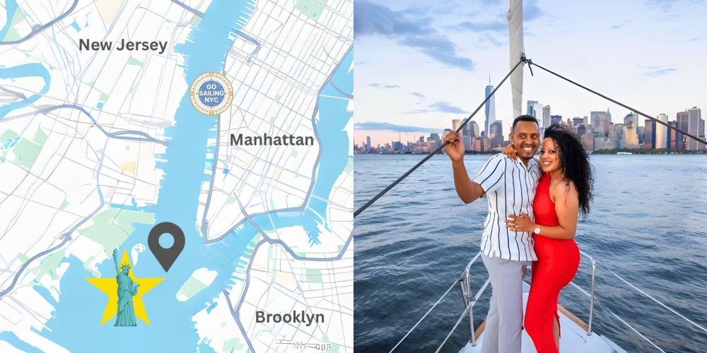 map and 360-degree New York Harbor views from center proposal spot with Manhattan skyline and Statue of Liberty