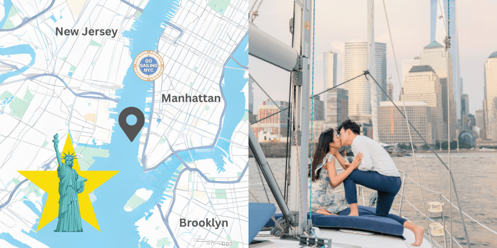 Map and photo of couple kissing on a sailboat, One World Trade Center and Financial District skyline during a boat proposal location in New York City