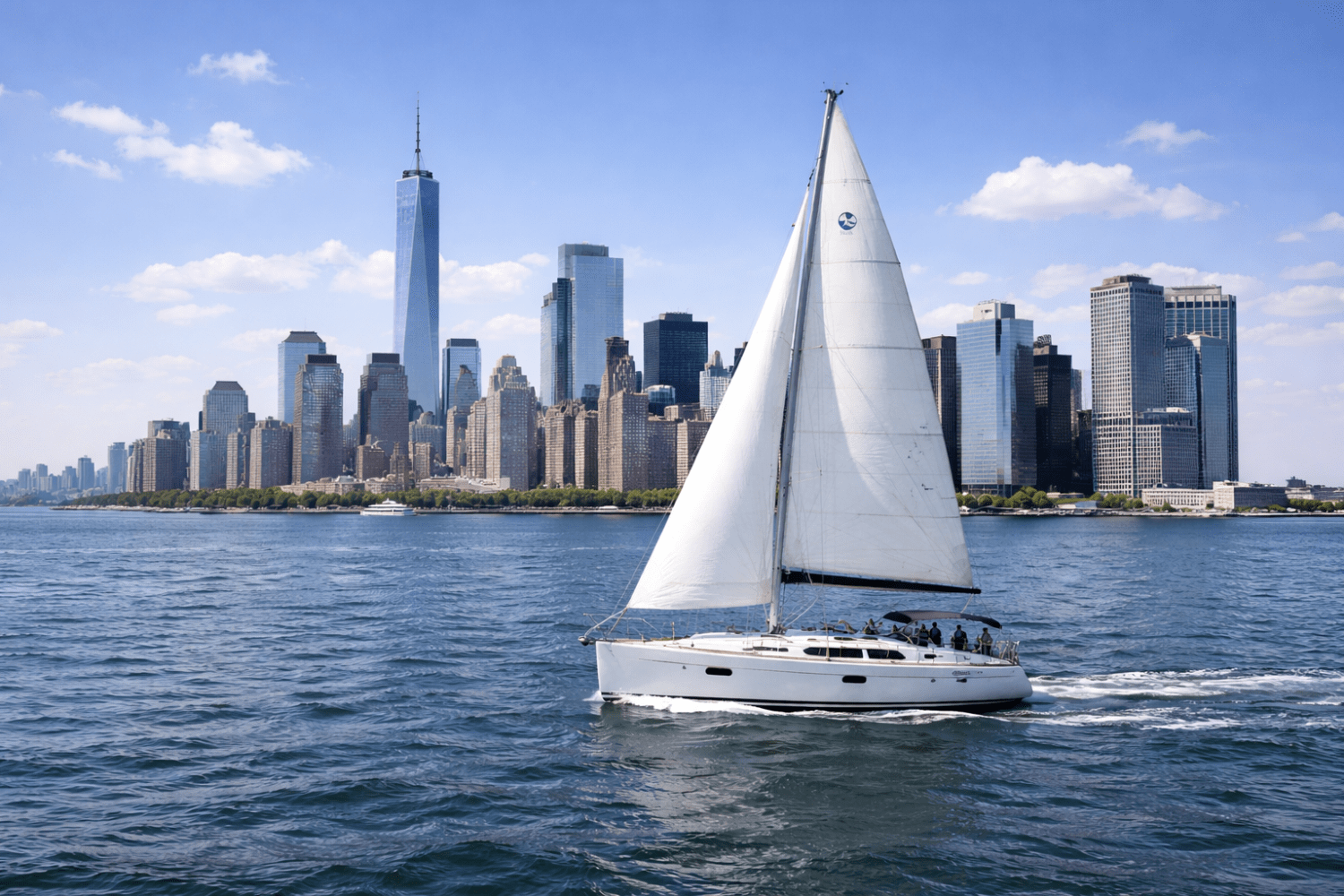 private sailboat charter on water with NYC skyline and skyscrapers in background, under a clear blue sky.