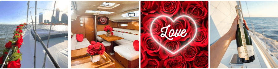 Four images: roses on boat, boat cabin with roses, heart with roses, hand holding champagne on boat for an anniversary in NYC.