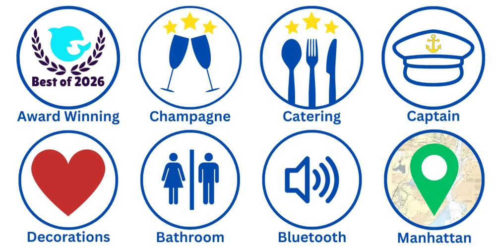 Icons for Award, Champagne, Catering, Captain, Decorations, Bathroom, Bluetooth, and Manhattan.