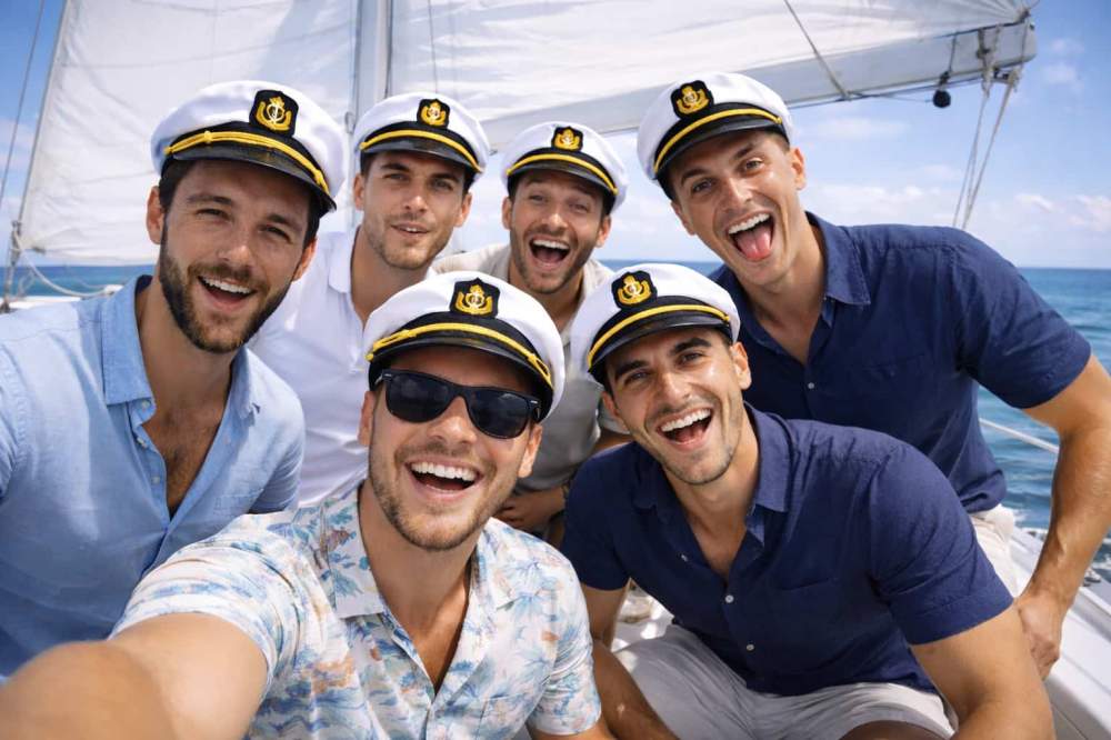 Six men in captain hats taking a selfie on a sailboat, smiling and posing during a bachelor party boat rental in NYC.
