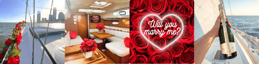 4 photos of a sailboat with roses, interior yacht with roses, will you marry me sign, hand holding champagne during a boat proposal in NYC.