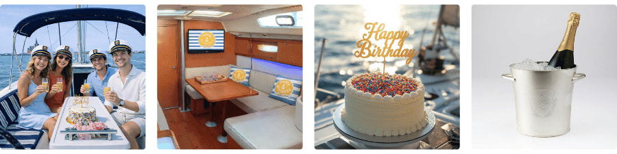 Collage of a yacht party: people, interior, birthday cake, and champagne.