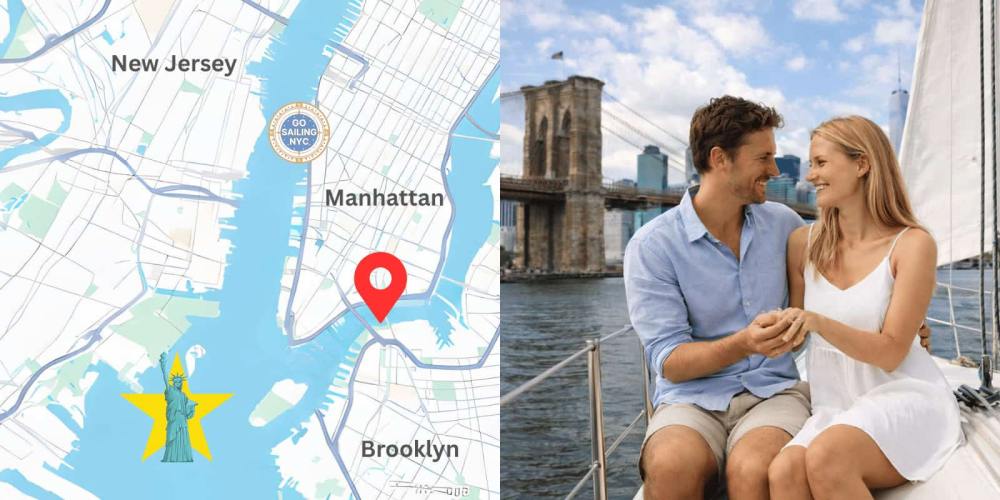 Split image: NYC map with sailing spot and couple on boat near Brooklyn Bridge.