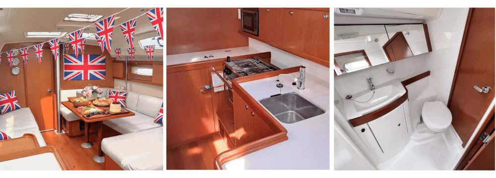 Three interior scenes of a charter boat in NYC: dining area with flags, kitchen, and bathroom.