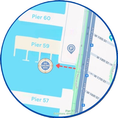 Map highlighting Pier 59 with a logo saying 'Go Sailing NYC' and a red arrow pointing to the Chelsea Piers boat rental.