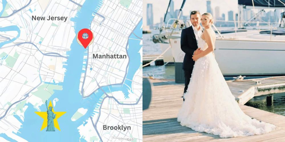 Split image: NYC map with marker and bride groom on dock with yacht.