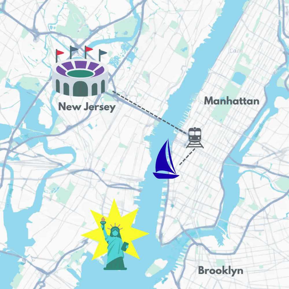 Map showing stadium in New Jersey, boat near Statue of Liberty, train icon in Manhattan for the FIFA World Cup 2026 in NYC.