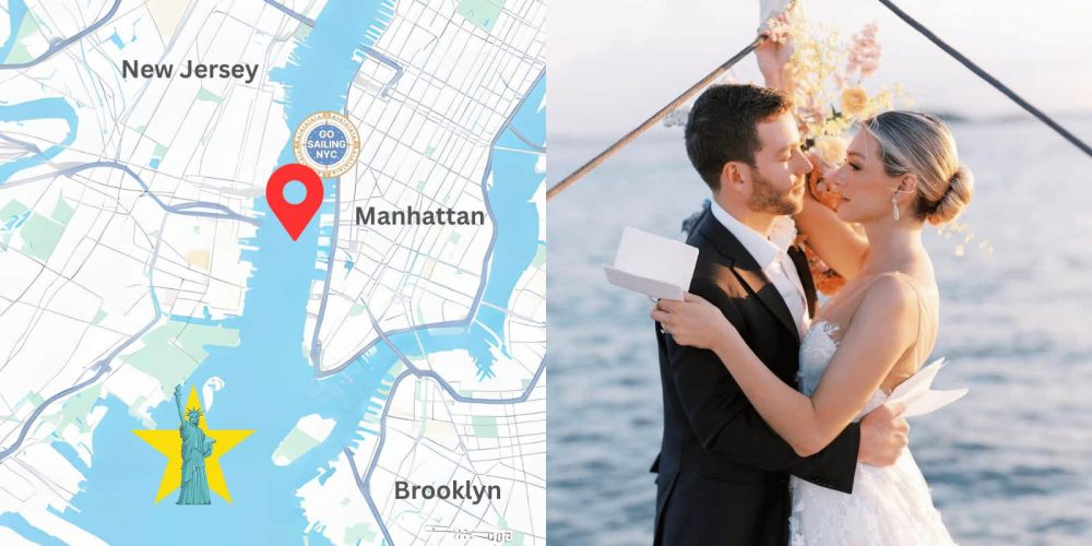 Map of NYC next to a couple embracing by the water on a boat.