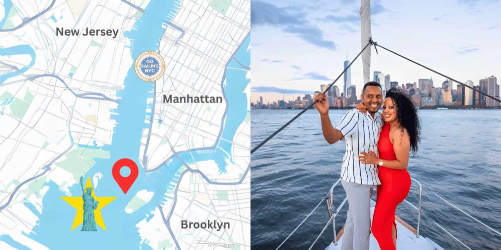 Split image: NYC map on left, couple on sailboat with city skyline on right.