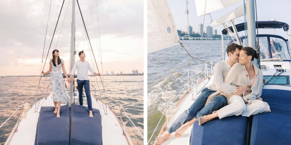 Two couples enjoying a NYC sailboat rental, one standing, one sitting, relaxed atmosphere.