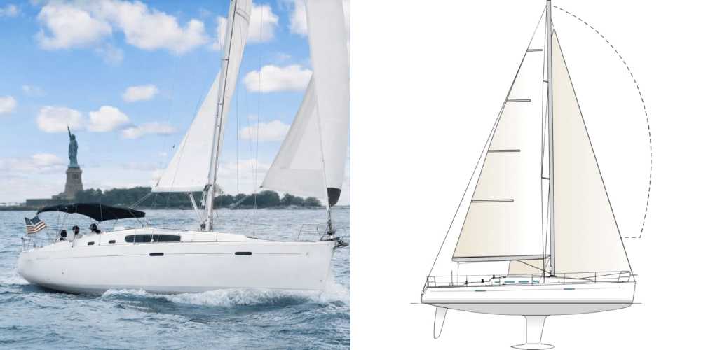 NYC sailboat rental on water beside Statue of Liberty, and with side view diagram of boat.