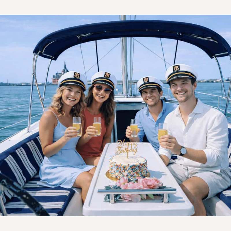 Four people on a yacht celebrating with a cake and drinks, wearing captain hats.