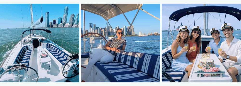Three photos: sailboat rental in NYC waters, woman relaxing onboard, and group celebrating with drinks and sailor hats and birthday cake.