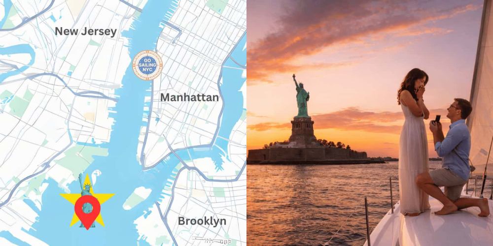 Map of NYC and couple's proposal on sailboat by Statue of Liberty at sunset.