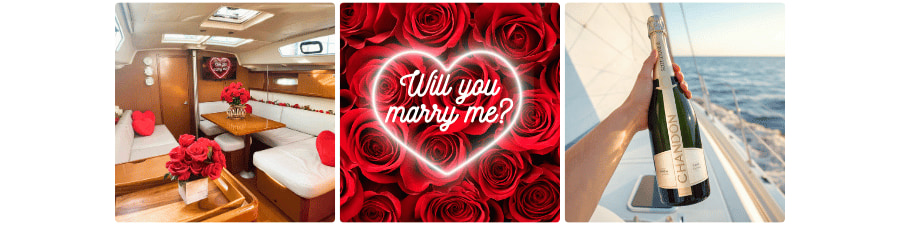 Yacht interior with roses, 'Will you marry me?' text, and champagne for a surprise boat proposal in NYC.