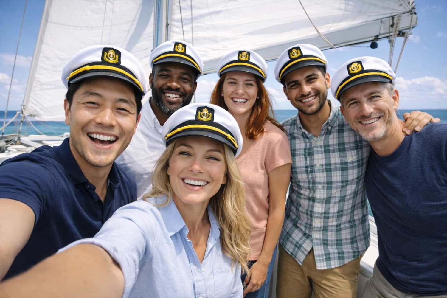 Group of six friends wearing captain hats, smiling on a boat, something to do in NYC after work.