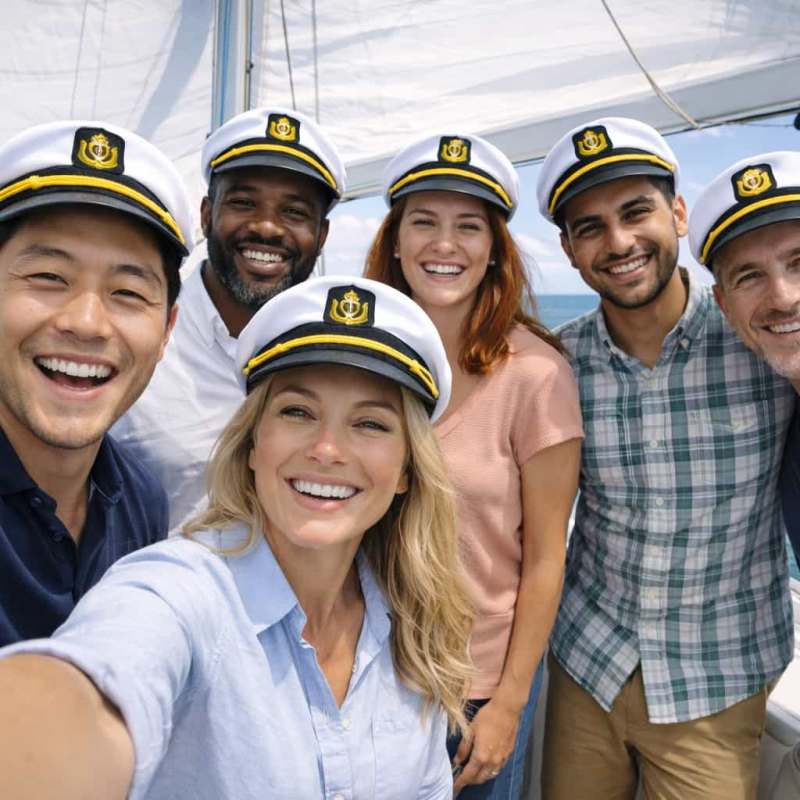 Group of six friends wearing captain hats, smiling on a boat, something to do in NYC after work.