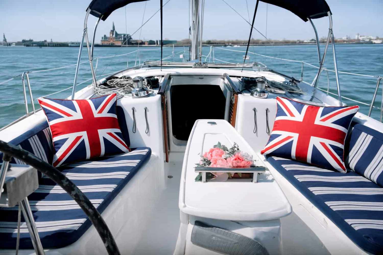 Private sailboat on New York Harbor with Manhattan skyline, peaceful escape from city crowds during the World Cup 2026 NYC.