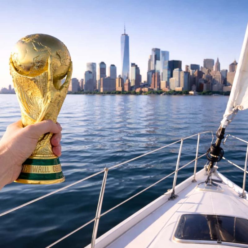 Hand holding world cup 2026 trophy on sailboat with NYC skyline in background.