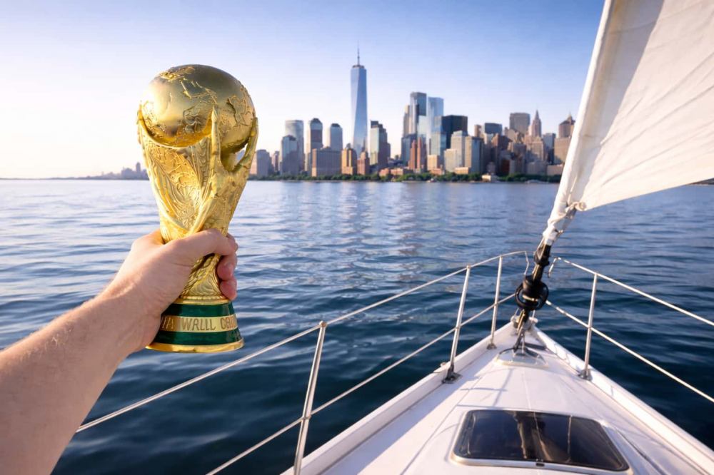 Hand holding world cup 2026 trophy on sailboat with NYC skyline in background.