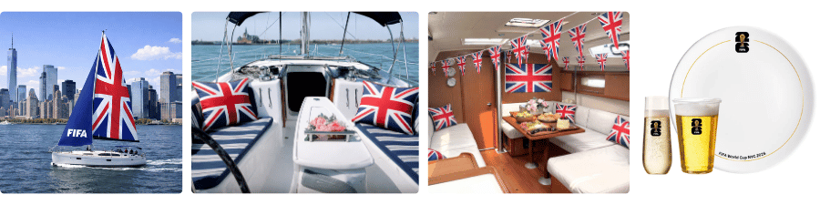 Sailboat with Union Jack sails and decor, city skyline, yacht interior with flags, plate and glasses set.