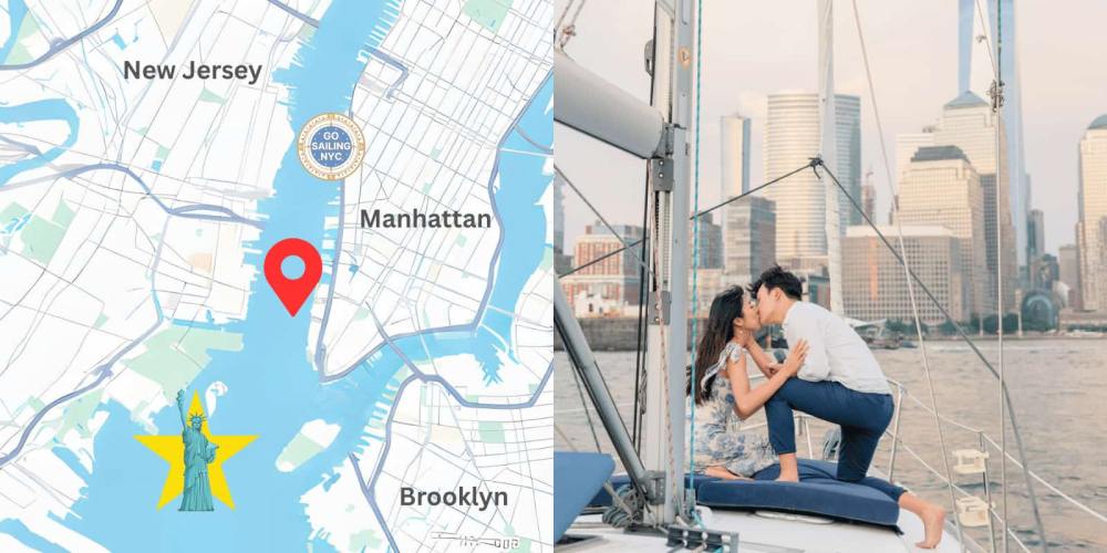 Map of NYC with a couple kissing on a boat, skyscrapers in the background.