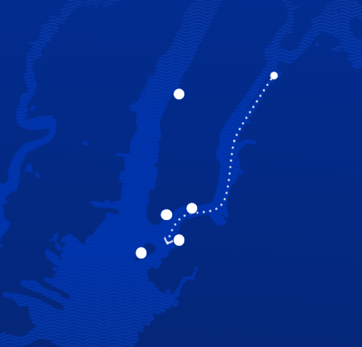Abstract blue map with white dots and a dotted line connecting them.
