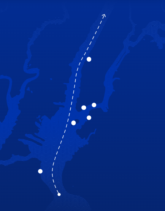 Stylized map with a dotted line and white dots on a dark blue background.