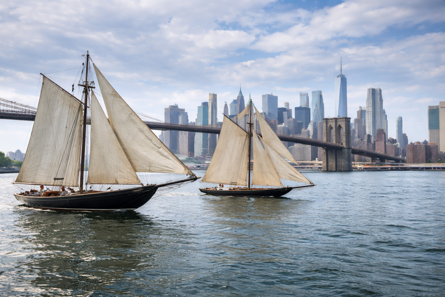 Two sailboats on water with city skyline and bridge in background.